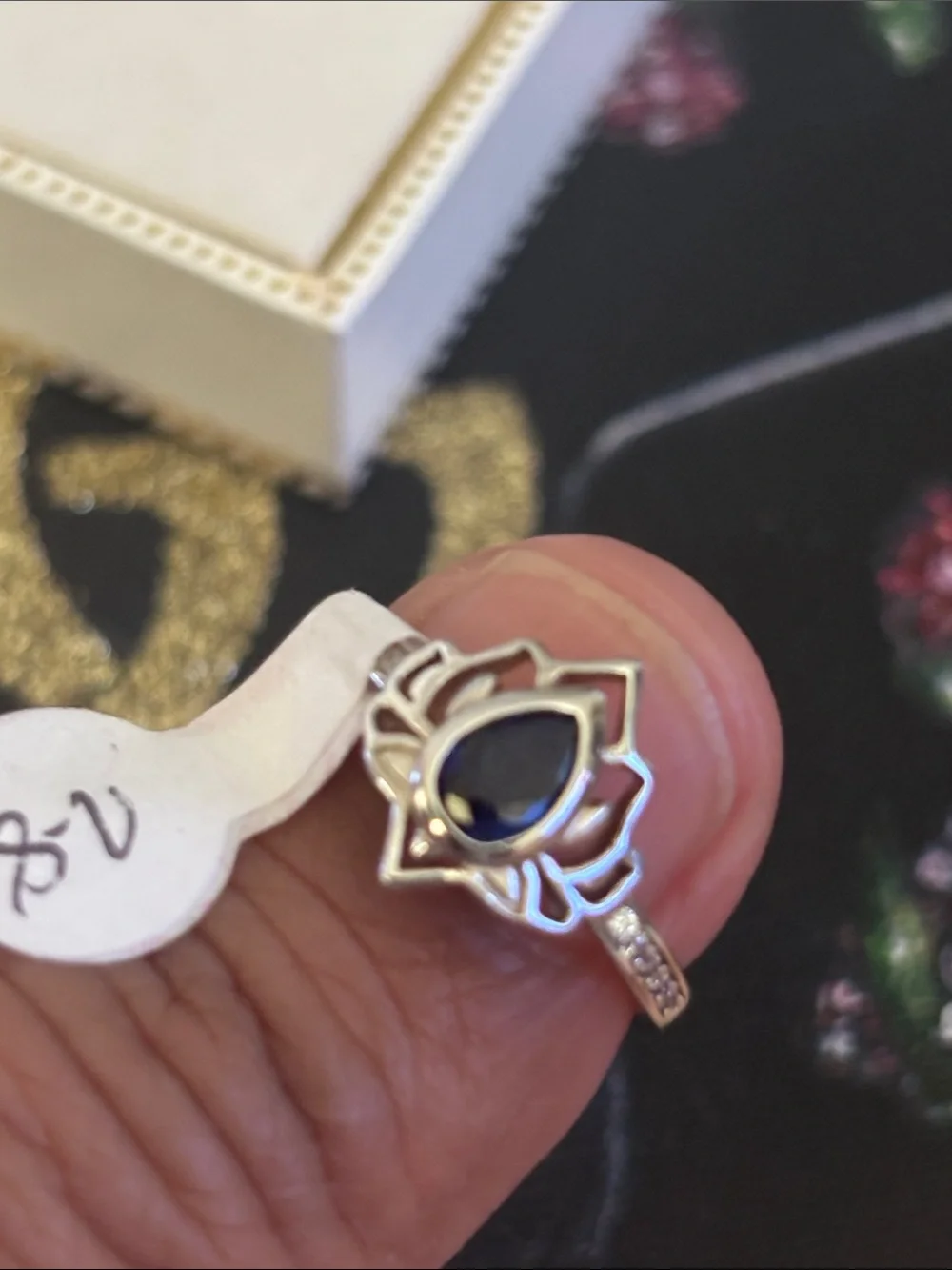 Sterling Silver Lotus Teardrop Ring with Deep Blue Stone
